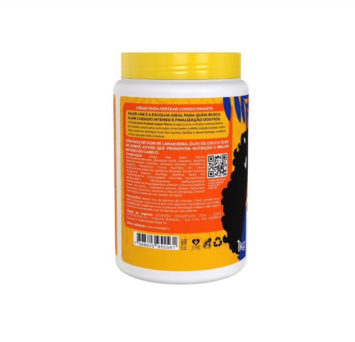 Naturally SOS Cachos Super Oils Hair Cream Conditioner in 1kg jar, showing creamy texture and vibrant hair care packaging.