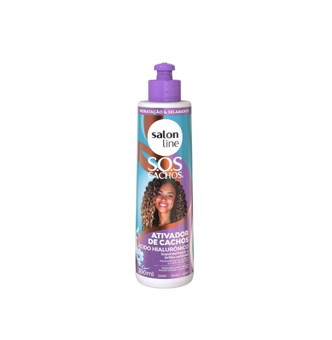 Naturally SOS Cachos Hyaluronic Acid Curl Activator 300g bottle with label showing curly hair benefits and product details.