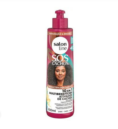 Naturally SOS Cachos 10-in-1 Curl Activator bottle, 300ml, with label showing product details and vibrant branding.