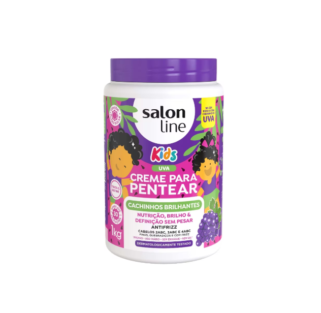 Salon Line S.O.S Cachos Kids Shiny Curls Combing Cream in a 1kg container, designed for kids' curly hair, with a shiny, smooth finish.