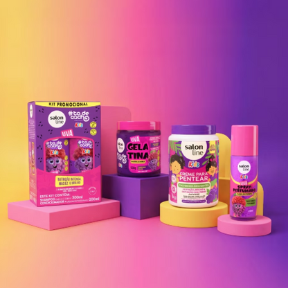 Salon Line S.O.S Cachos Kids Shiny Curls Combing Cream container with a bright label and a white cap, designed for children's curly hair.
