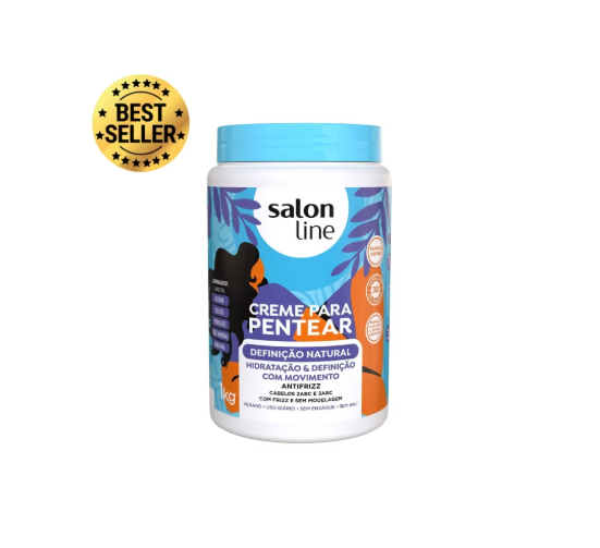 Naturally S.O.S Cachos Natural Definition Hair Cream Conditioner in 1kg jar, with curly hair and product label visible.