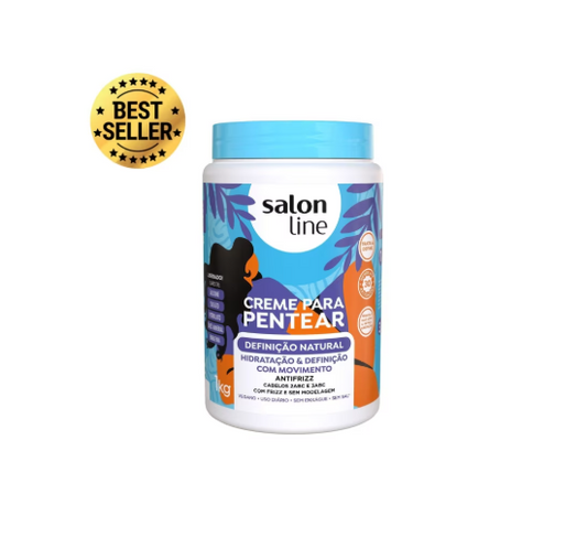 Naturally S.O.S Cachos Natural Definition Hair Cream Conditioner in 1kg jar, with curly hair and product label visible.